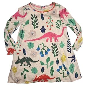 Mini Boden White Long-Sleeve Dino & Floral Print Top - Pink, Green, Blue
